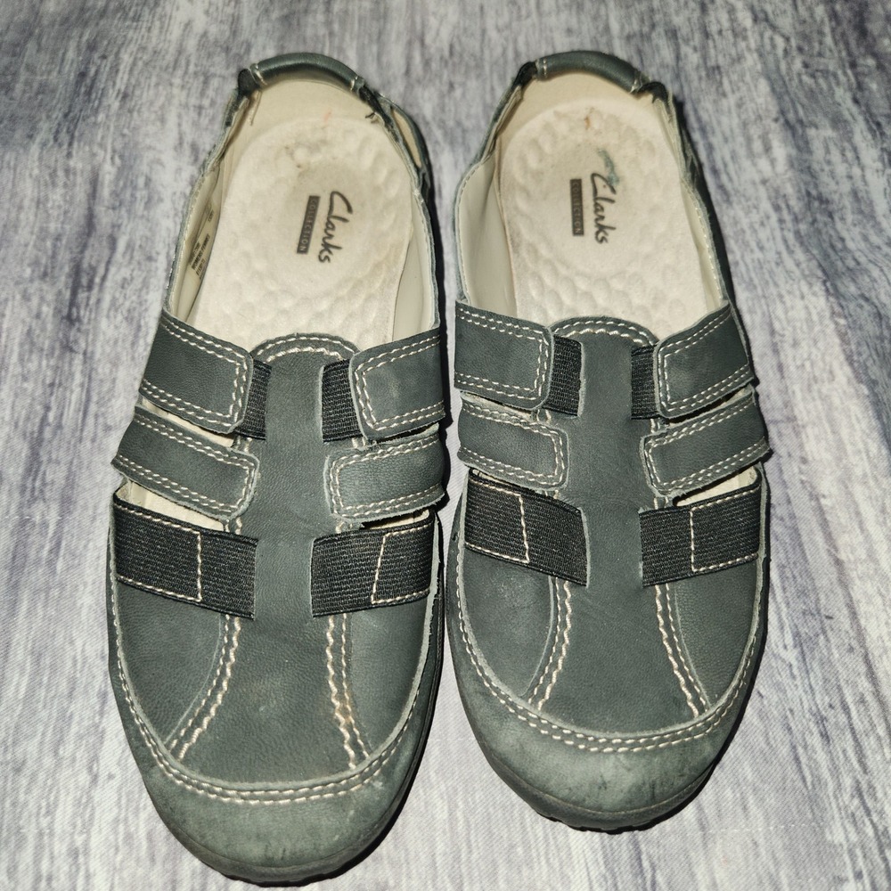 Clarks Collection Women's Gray Leather Upper Slip On Comfort Casual  Haley Shoes